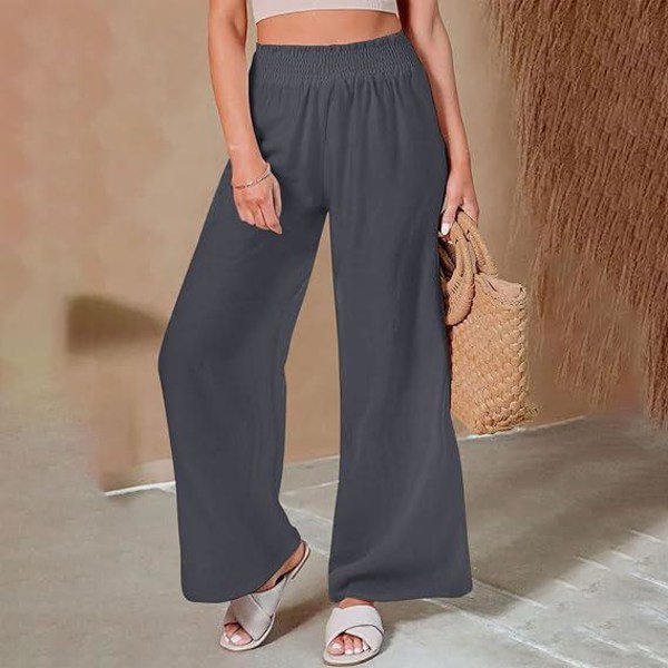 Palazzo bukser i lin for kvinner Sommer uformelt høy midje bukse med brede ben Boho Flowy Beach Lounge bukser med lommer
