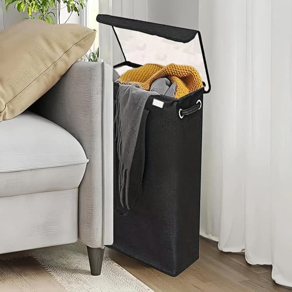 Foldable Laundry Basket 45L – With Lid & Handle – Slim – Black