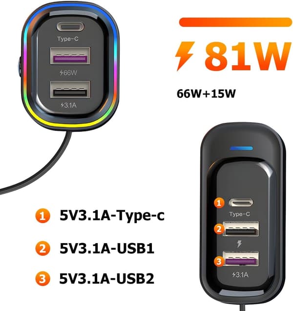 Billader 6-porter (2x USB-C, 4x USB) 66W Hurtiglader 12V/24V for iPhone Samsung Android