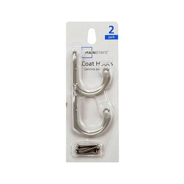 Satin Nickel Single Hook, 2-pack, Includes Mounting Hardware, 10 lb Working Limit