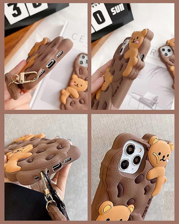 Sweet Cartoon Bear Cookie Case for iPhone 12 Mini, Soft Shockproof Cover with Keychain[JUN]