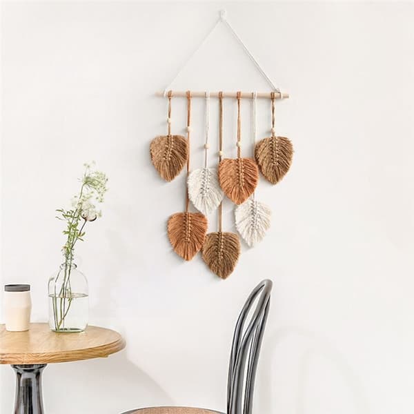 Chic Feather Boho Macrame Wall Decor Handgjorda Garn Tofsar Vävd Väggkonst Blad Gobeläng Bohème Dekoration, A