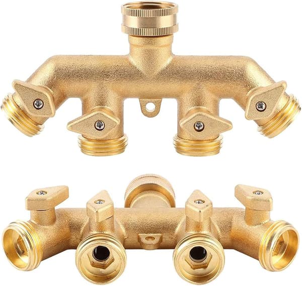 4-veis kranforbindelse i messing, 3/4 \" hagekranfordeler, slange