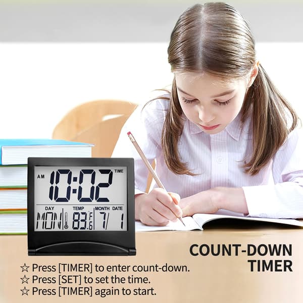 Digital Travel Alarm Clock - Foldable Calendar & Temperature & Timer LCD Clock - Large Digit Display - Compact Desk Clock (Black)