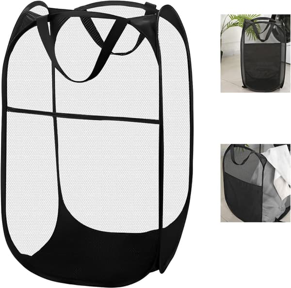 Foldable Mesh Laundry Hamper Black Pop Up Round Storage Basket Compatible with Handles Kids Laundry Hamper for Home Nursery