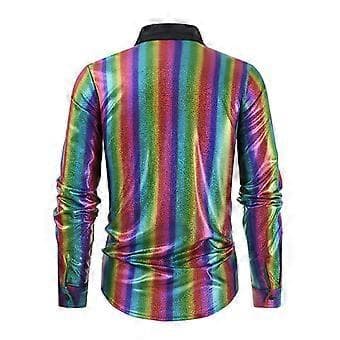 Men's Long Sleeve Geometric Button Down Lapel Collar Shiny T-Shirt (S Multicolor)