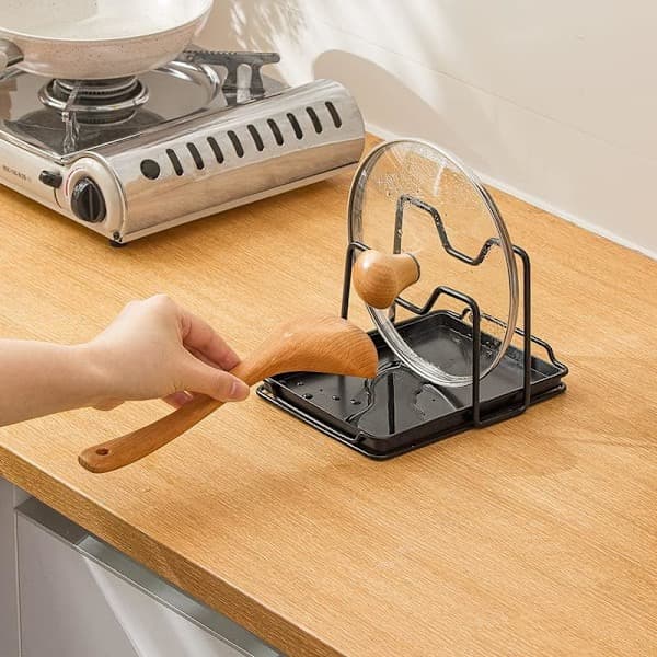 Lid Rack Cutting Board Rack Spoon Rest Cutting Board Organizer Rack with Drip Tray (Black)