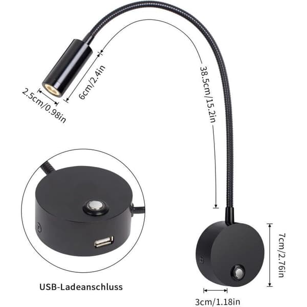 Wall Reading Lamp, LED Wall Lamp with Dimmable Touch Switch and USB Charging Port, 3W 360° Rotatable Bedside Reading Lamp with Plug and Cable for