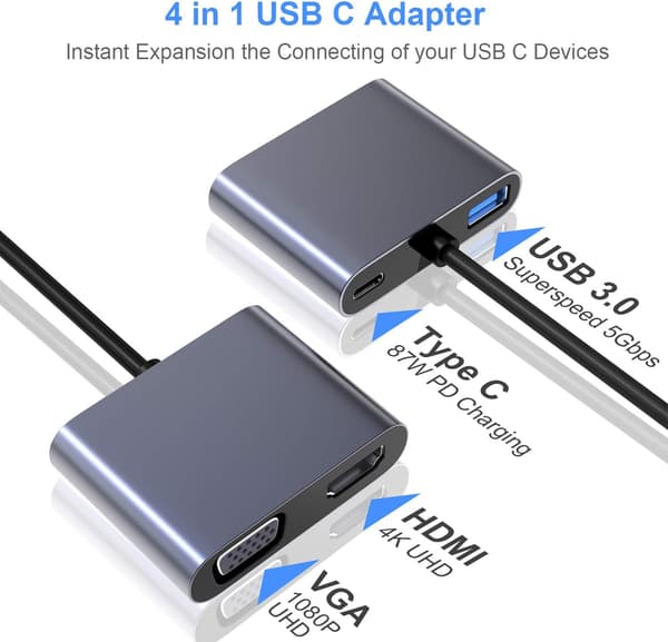 USB C til VGA HDMI-adapter, 4 i 1 Type C-hub til VGA HDMI 4K UHD