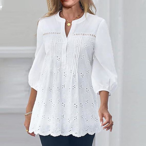 2024 sommermode 3/5-ærmet hvid skjorte ferie Løstflydende skjorte-M