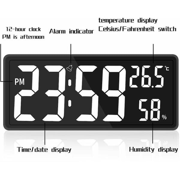 LED digital veggklokke, stor nummerdisplay, innendørs kontor, hvit