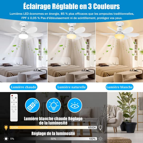 Ceiling Fan with Lamp and Remote Control, 52CM 40W Small Dimmable LED Ceiling Fan with E27 Socket, for Bedroom, 6 Blades, 3 Speeds, Timer
