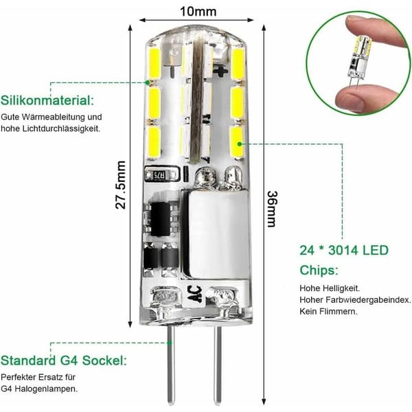 G4 LED Bulb 12V 2W, Cool White 6000K, 180LM, Non-Dimmable, 10-Pack, Compatible with Halogen Bulbs
