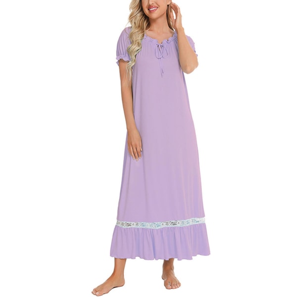 Nattlinnen för kvinnor Hem Pyjamas Nattlinne med snörning Kortärmad Lång sovklänning Badrum Lila Storlek: S