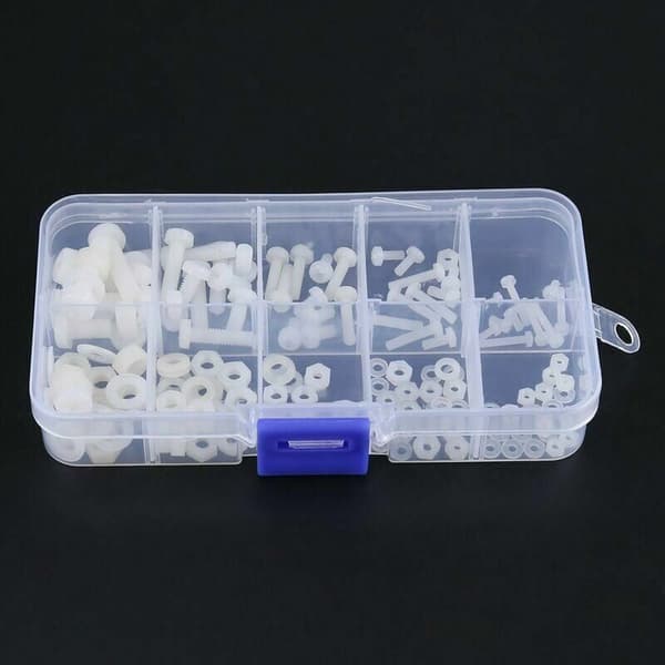 150 st set skruvar bultar muttrar brickor sortiment kit vit nylon M2 M2.5 M3 M4 M5