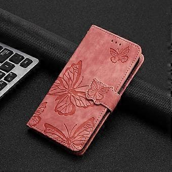 Compatible with Samsung Galaxy Note 20 Embossed Butterfly Case with Wallet and Stand Function - Rose Pink Pink