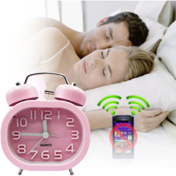 Rosa retro analog väckarklocka kvartsväckarklocka tyst icke-tickande batteridriven dubbelklocka med nattlampa och högt alarm