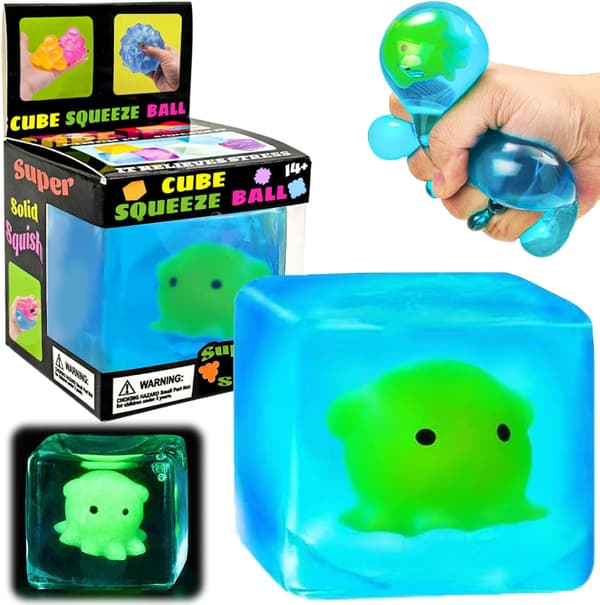 Blå klemme-terning med lysende blæksprutte indeni, klembar stress-fidget-gummi-legetøj, selvlysende dyr-maltose-sensorisk