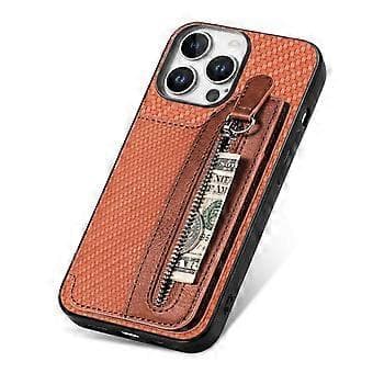 Compatible Case for iPhone 16 Pro Max Leather+PC+TPU Wallet Case with Zipper (Brown)