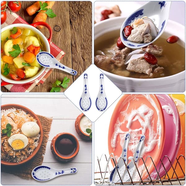 8 Pieces Chinese Style Ceramic Soup Spoons, Blue and White Porcelain Patterned Cutlery