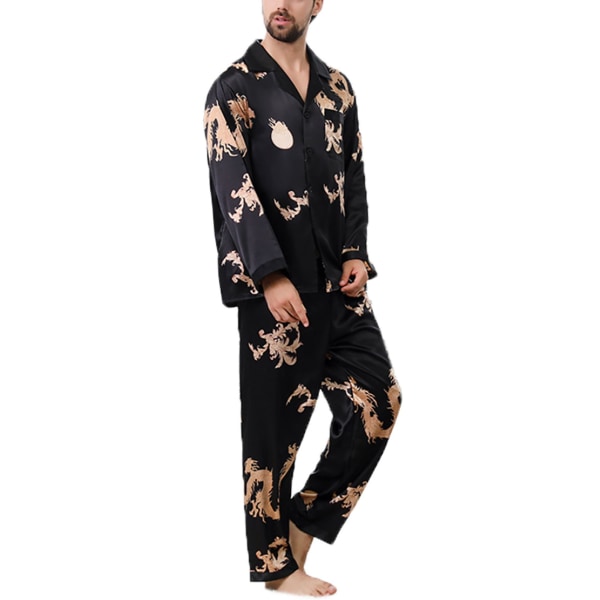 Herrsimitation Drake Print Skjorta Byxor Par Sovkläder Pyjamas Set||Svart||L