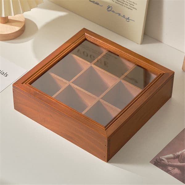 Wooden Spice Box 24 cm - Decorative Organizer with Glass Lid, 9 Fixed Compartments