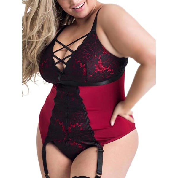 Plus Size Nattøj Sove Strømpebånd Bælte Mini Blonde Bodystocking Lingeri med V-hals