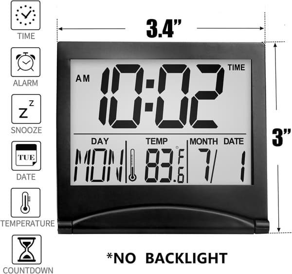 Digital Travel Alarm Clock - Foldable Calendar & Temperature & Timer LCD Clock - Large Digit Display - Compact Desk Clock (Black)