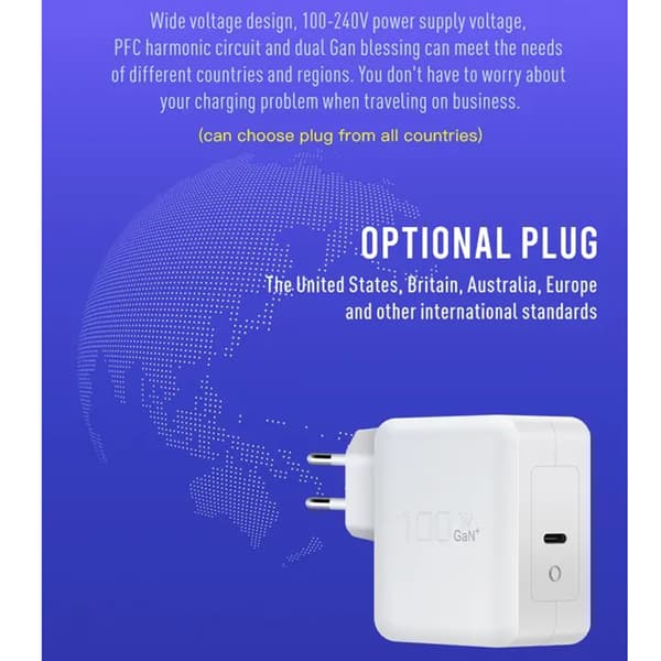 USB-C GaN Vægoplader, QC4.0, PD, 100W, Hvid