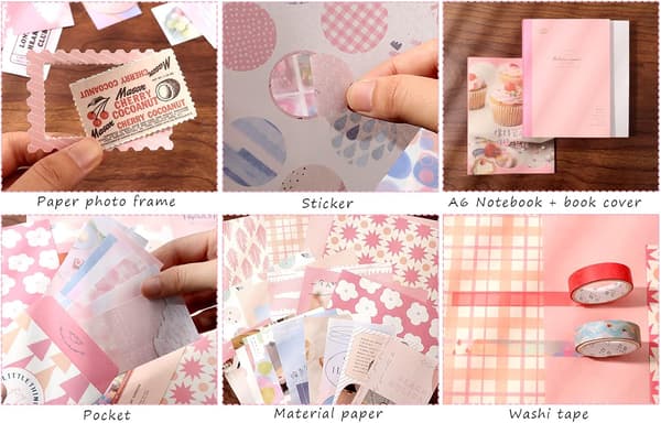 344 dele Scrapbooking tilbehørssæt, lyserødt Kawaii Bullet Journal Scrapbook-sæt med A6 gitternotesbog