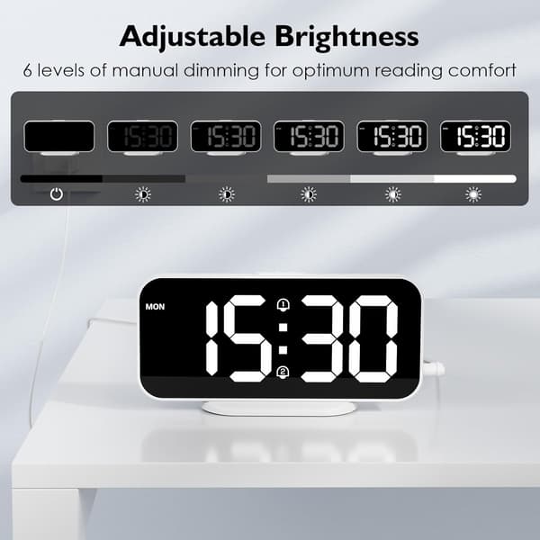 USB-powered Dimmable Digital Alarm Clock with Snooze Function and 2 USB Charging Ports (White)