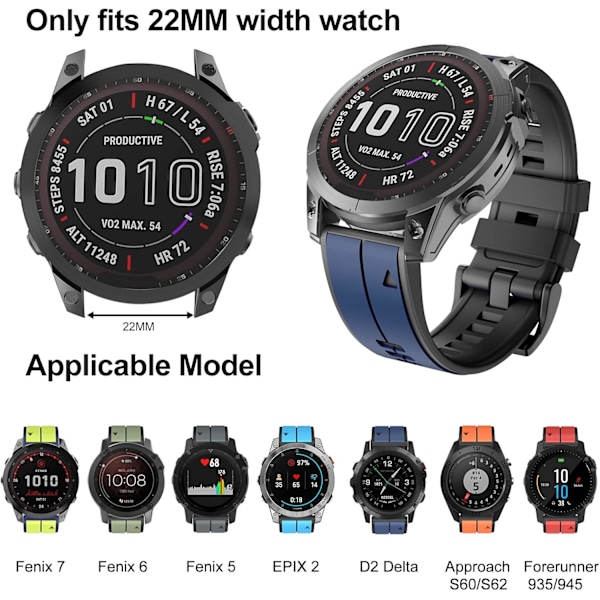 Armband för Garmin Fenix 7/Fenix 6/Fenix 5/EPIX 2, Quick Fit 22mm Silikonarmband för Approach S60/S62, D2 Delta, Forerunner 935/945