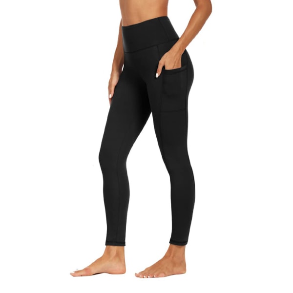 Yogabukser med høy midje med doble sidelommer, ni-punkts naken yoga-leggings svart-L