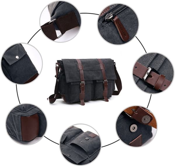 Men's Canvas Messenger Bag with Multiple Compartments and Adjustable Shoulder Strap for Work and School, Fits 16 Inches