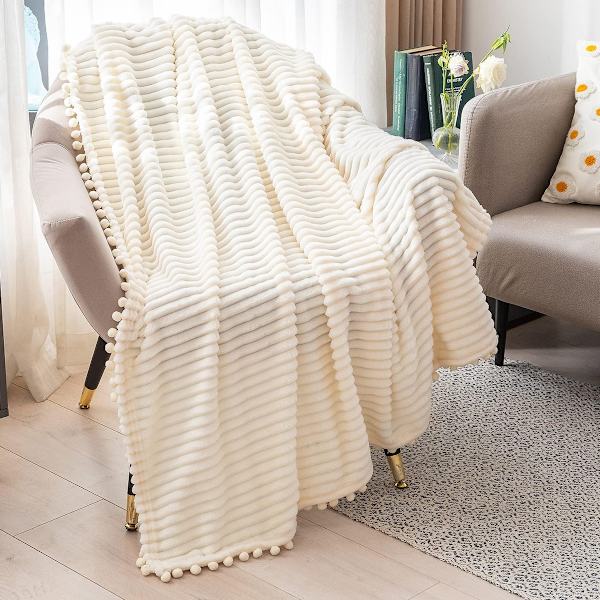 Fleecefilt 127 x 152 cm för soffa, säng, supermjuk och mysig plysch mikrofiber flanellfilt med 3D-ränder, lättviktig för off-white