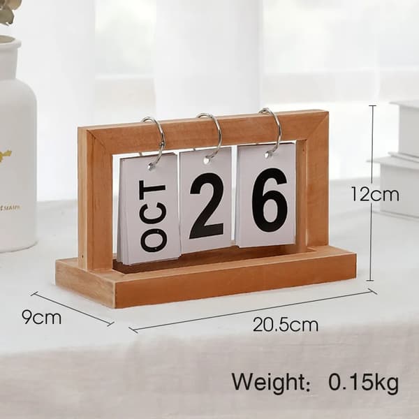 Evighetskalender med vendbare blader i tre, skrivebordskalender, sidevendende evighetskalender i trefarge