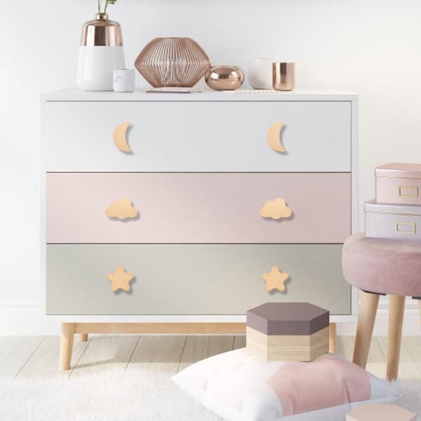 Cabinet Knobs, 6 Pcs Solid Wood Knobs for Kids, Stars, Moon, Cloud Knobs for Cabinets, Furniture Knobs, Kids, Natural Decor