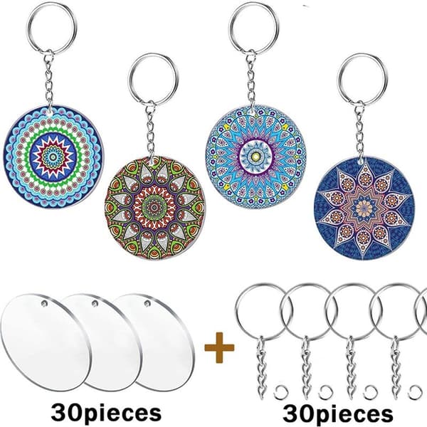 Empty Acrylic Keychains, 30 Pieces 2 Inch Diameter Round Acrylic Transparent Discs, 30 Metal Split Key Rings