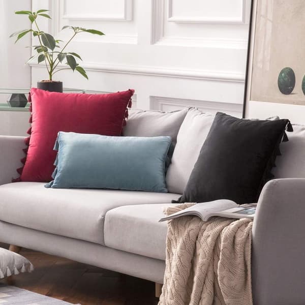 2 stykker fløjlsbløde ensfarvede dekorative pudebetræk med kvaster Boho pudebetræk til sofa seng 45x45 Bourgogne