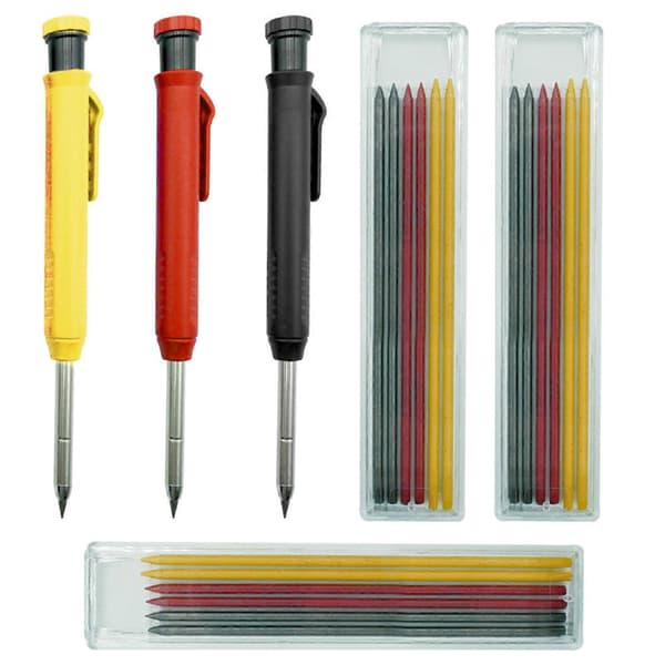 3-pack Carpenter Pencil with 18 Refills Mechanical Pencils Quick-Drying Construction Pencils with Built-in Sharpener Long Tip Deep Hole Pen Marker