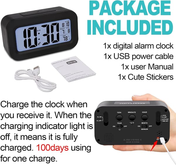 Large Digital LCD Alarm Clock for Bedside Table (Black)