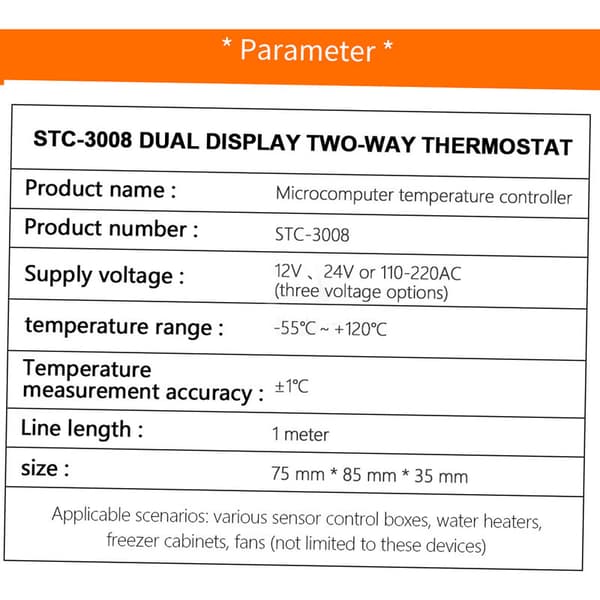 Dual Digital Display Thermostat Temperature Controller with Dual NTC Probe Relay Output, DC 24V - DC 24V