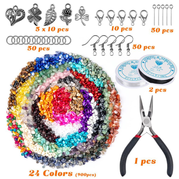 Smykkefremstillingssæt, 24 farver 5-7 mm naturlige ædelstensperler, DIY1073 ringe, halskæder, armbånd, øreringe