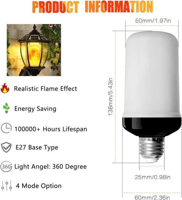 E27 Flame Light Bulb, 2-pack LED Flame Effect Bulbs with Gravity Sensor, LED Flickering Light for Halloween Indoor/Outdoor/Bar/Party