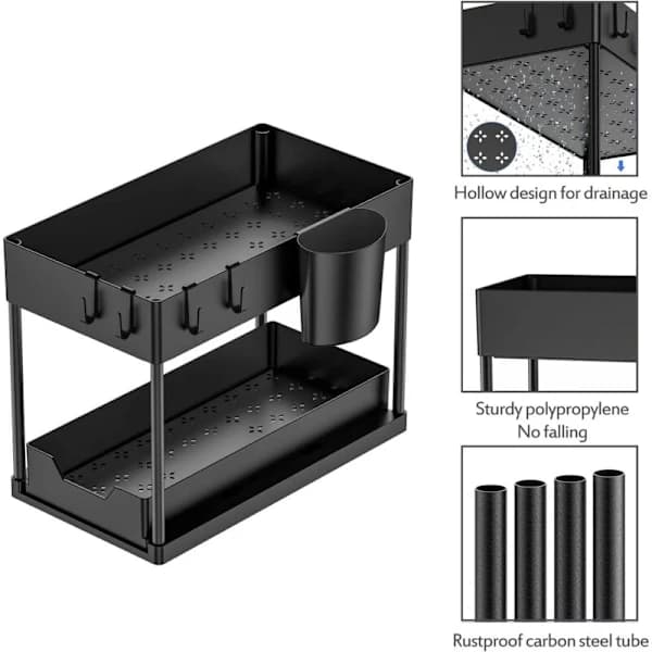 2-Tier Under Sink Storage with Pull-Out Drawers, Kitchen Under Sink Sliding Shelf, Multi-functional Bathroom Organizer, A