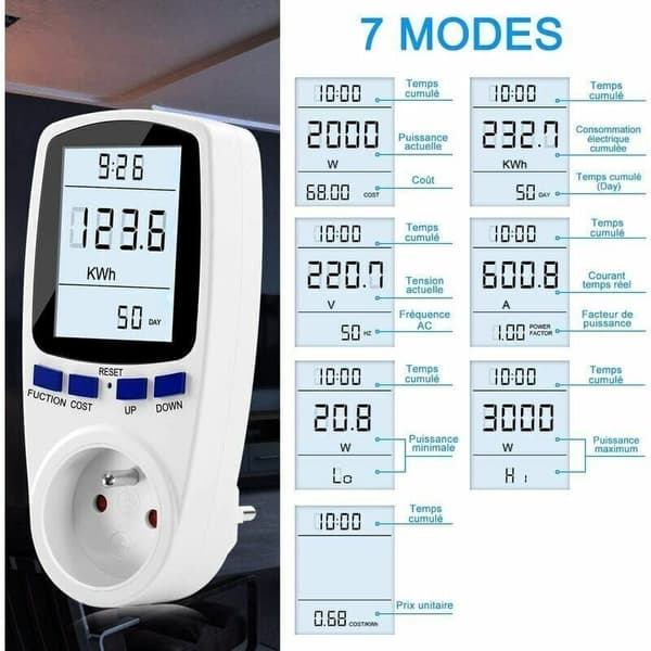 Energy Meter Plug with LCD Display - Compatible with 185V-264V, Measures Power Consumption