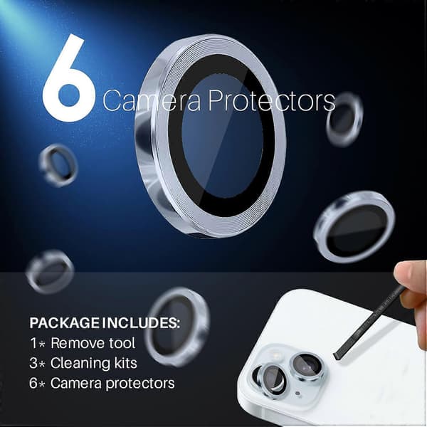 NORTHJO 3 Sets Compatible with iPhone 15 Plus 14 Plus Tempered Glass Lens Protector CD Veins Metal Ring Le Blue Blue