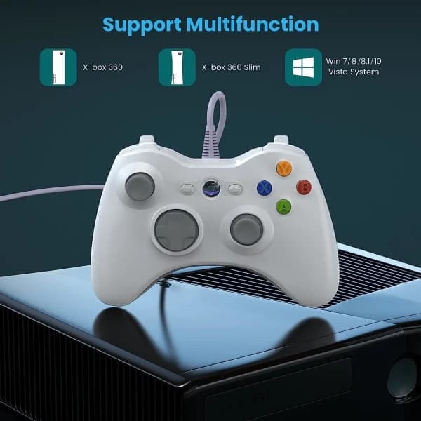 Kablet Xbox 360-controller, spilcontroller til 360 med dobbelt vibrations-Turbo, kompatibel med Xbox 360/360 Slim og PC Windows 7, 8, 10, hvid
