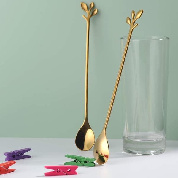 10-pack stainless steel coffee spoons with gold leaf – creative dessert spoons, stirring, mixing, sugar, teaspoon set