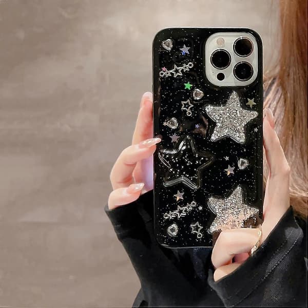 iPhone 13 Deksel Bling Stjerner 3D Hjerter Diamant Glitrende Stjerne Glitter Y2K Spark Luksuriøst Jentete Estetisk Personlig Design for Kvinner